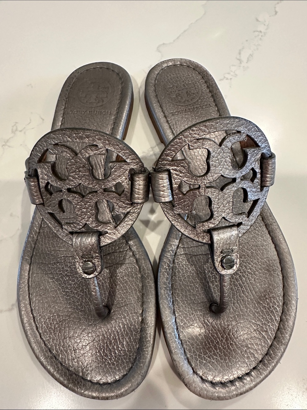 Tory Burch Miller Metallic Pewter Sandals Size 7 1/2